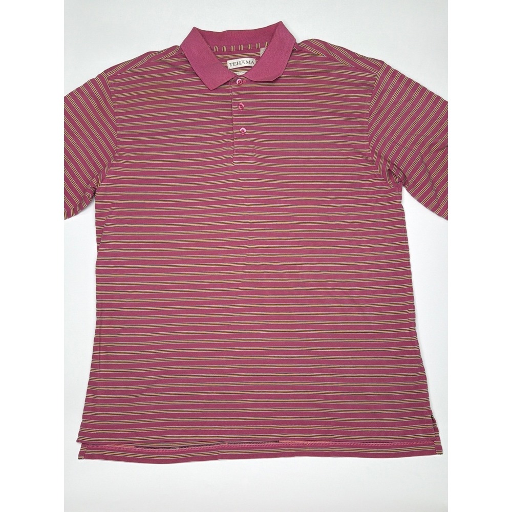 Tehama Mens Pink Striped Pima Cotton Blend‎ Golf Polo Shirt Large Genoa Lakes